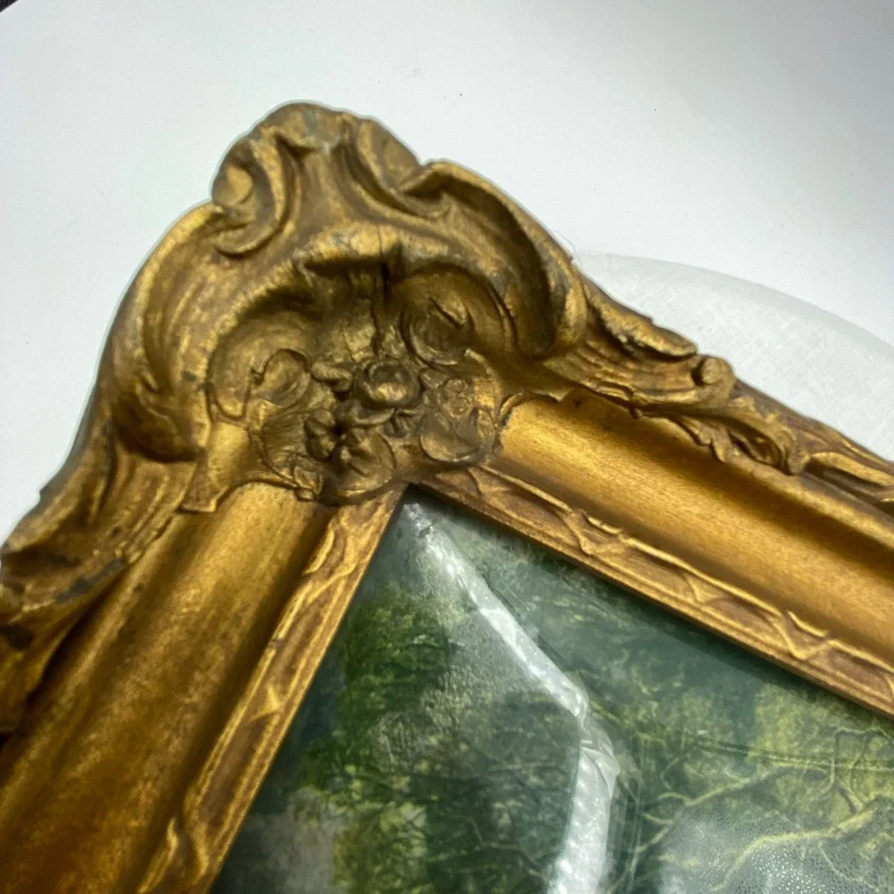 Vintage 10x9 Framed Landscape Gold Ornate Rococo Pastoral Scene Gilt Rustic